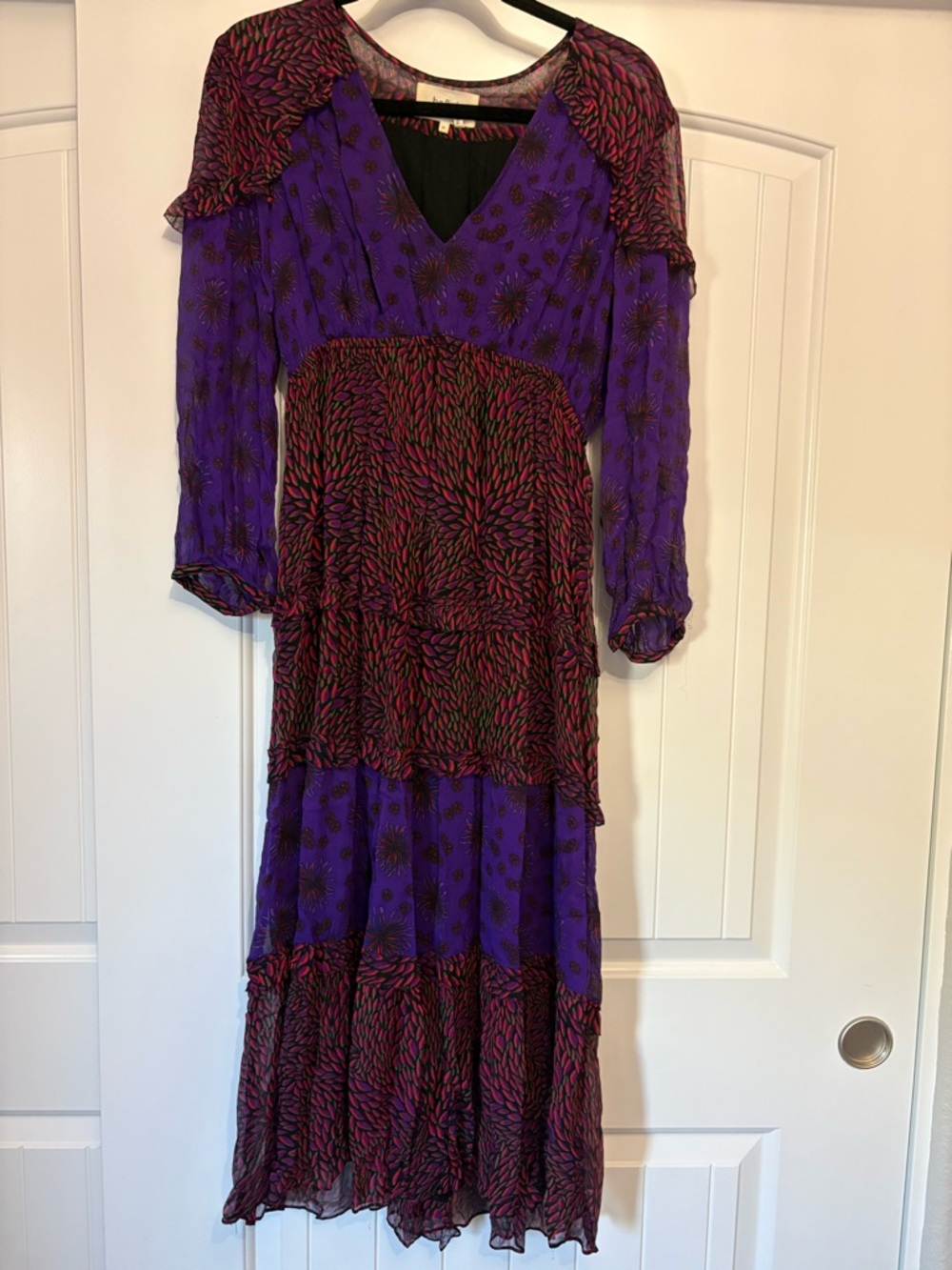 Purple Printed V-Neck Tiered Midi Dress